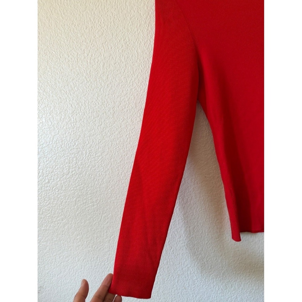 Theoryβ Womens Red Ribbed Knit Long Sleeve Crewneck Fitted Sweater Top L - Picture 8 of 16